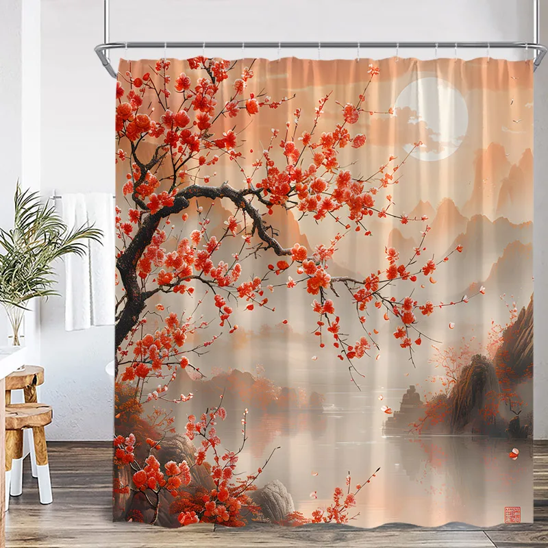 Japanese Style Shower Curtain Pink Cherry Blossom Floral White Crane Mountain Koi Carp Ink Scenery Modern Bathroom Curtain Decor