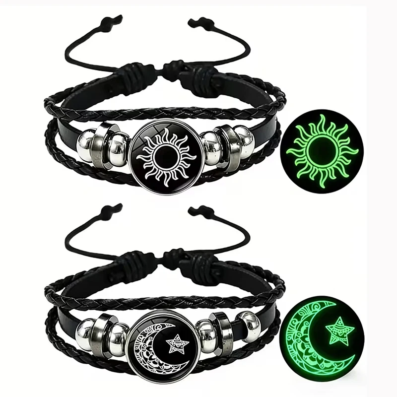 2er-Set Leuchtende Sonne-Mond-Paar-Armbänder mit Glas-Druckknopf, Mehrschichtiges Geflochtenes Lederarmband für Leuchtende Liebhaber-Geschenke