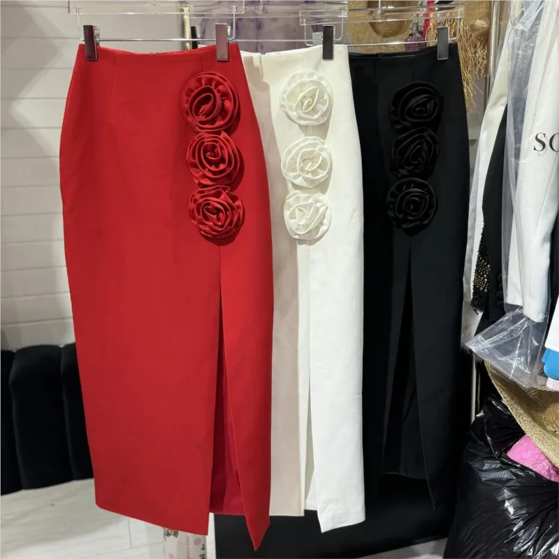 

3D Flower Slit Slim Party Long Skirts Fashion High Waist Tight Women Skirt Solid Color Zipper Female Skirt 2024 Summer New