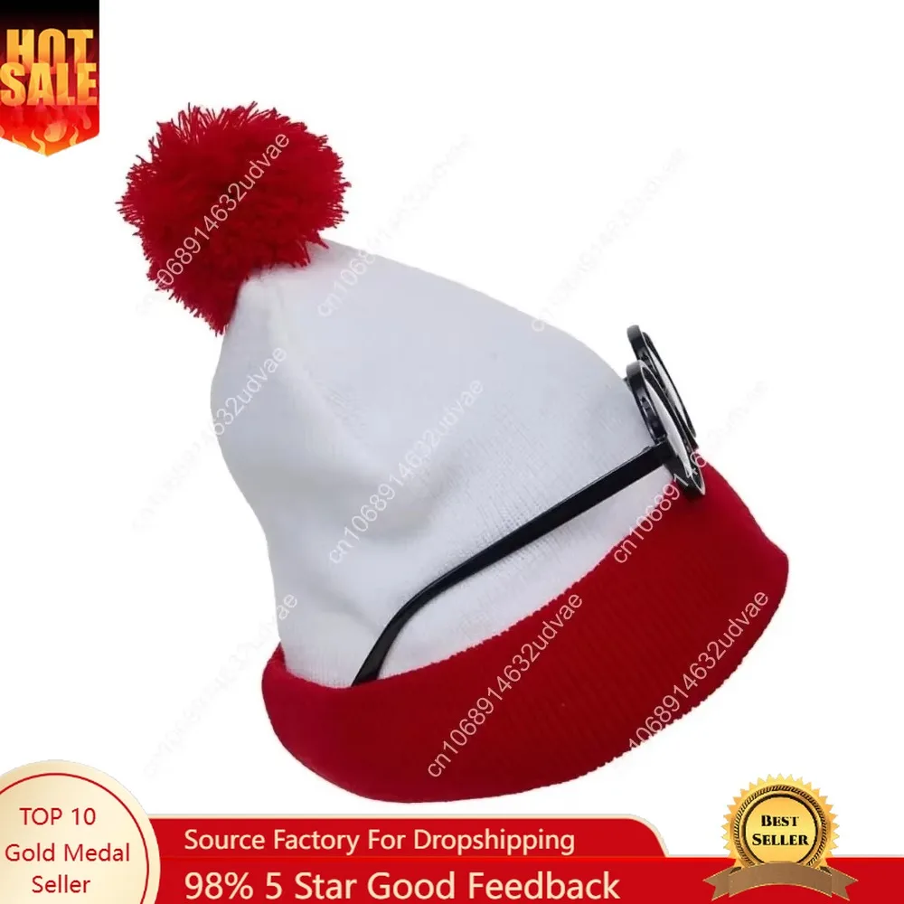 مجموعة قبعة صغيرة باللونين الأحمر والأبيض وإطار نظارات للرجال والنساء قبعة محبوكة لإكسسوار أزياء الهالوين #1