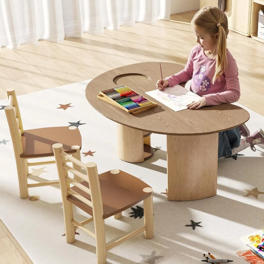 طاولة نصف قمر للأعمار من 3 إلى 8 سنوات، مكتب أنشطة خشبي مع مساحة تخزين للفصول الدراسية لمرحلة ما قبل المدرسة، طاولة لعب على شكل كلى للأطفال الصغار 29 وات