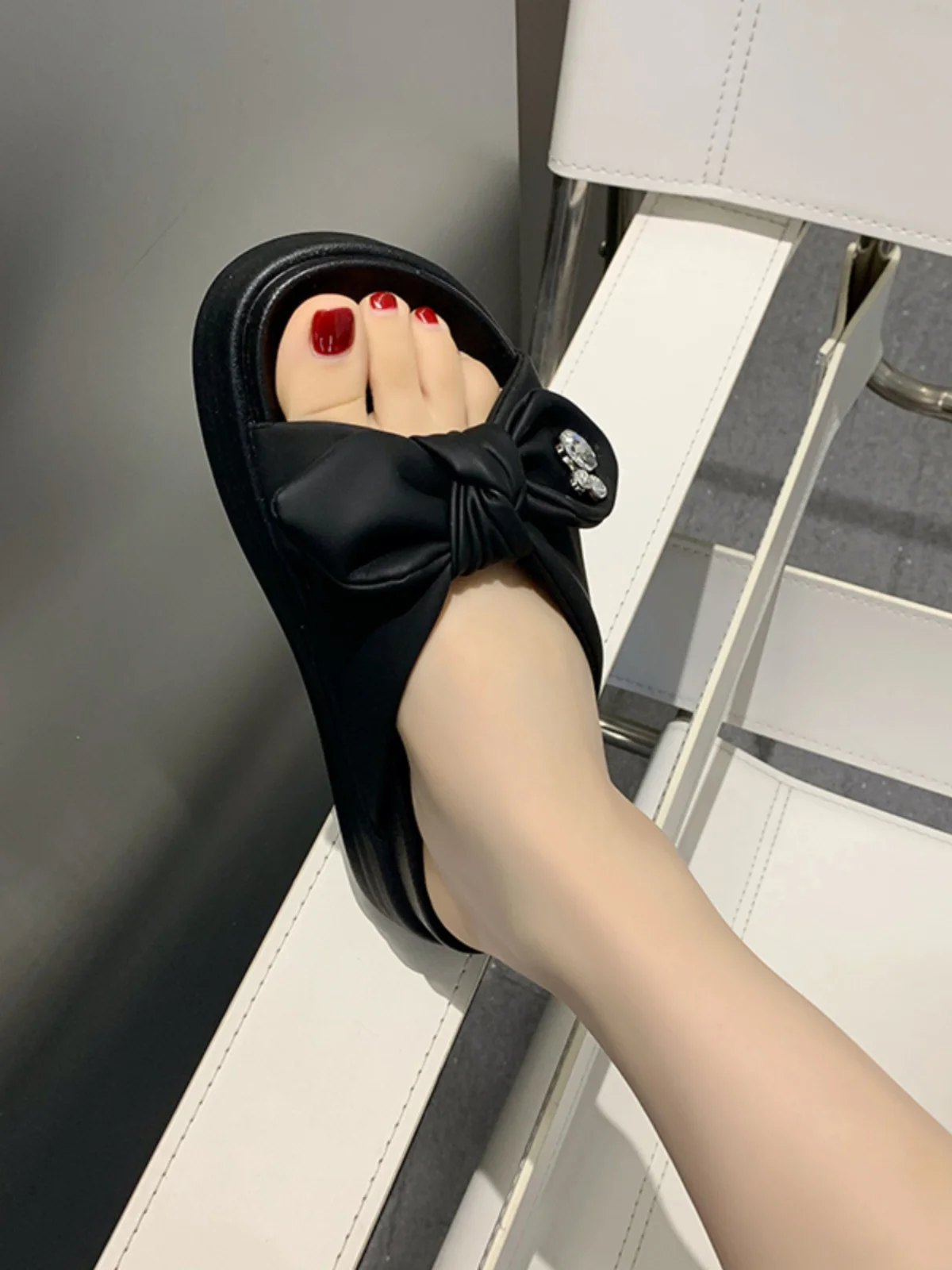 Female Shoes House Slippers Platform Butterfly-Knot Slides Low 2024 Summer Rubber PU Rome Fabric Butterfly-knot Hoof Heels