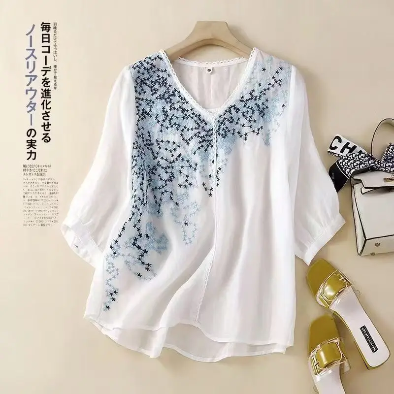 

Flower Embroidered Cotton And Linen Shirt Women Blouses Casual Retro Loose V-neck Irregular Top White Purple Blouses