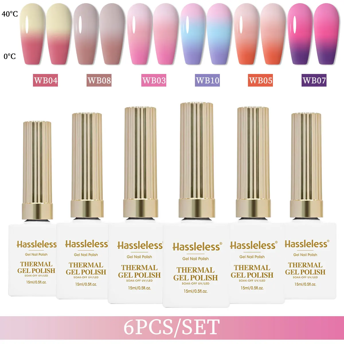 

Hassleless 6-piece set of 15ml thermochromic gel nail polish - / Requires LED light curing, heat and cold responsive, color chan