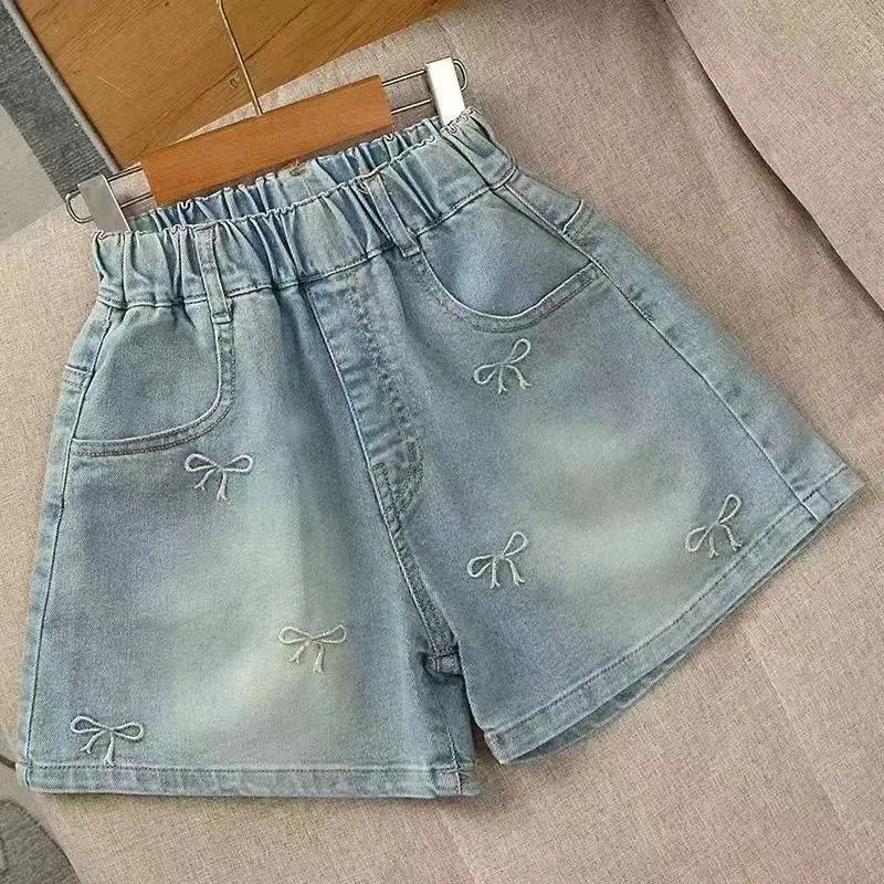 New Summer Girls Shorts Jeans Fashion Embroidery Bow Short Denim Pants For 2-10 Years Kids Clothes Children Cotton Trousers