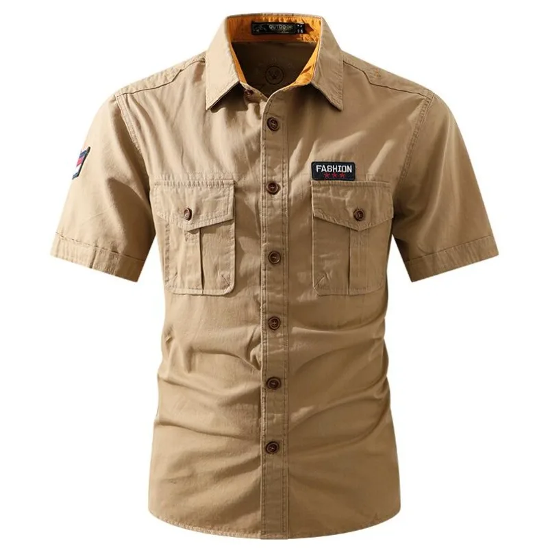 New Men Summer Short Sleeved Shirts Multi Pockets Military Tooling Shirts Quality 100% Cotton Male Outdoor Casual Shirts Size 5X