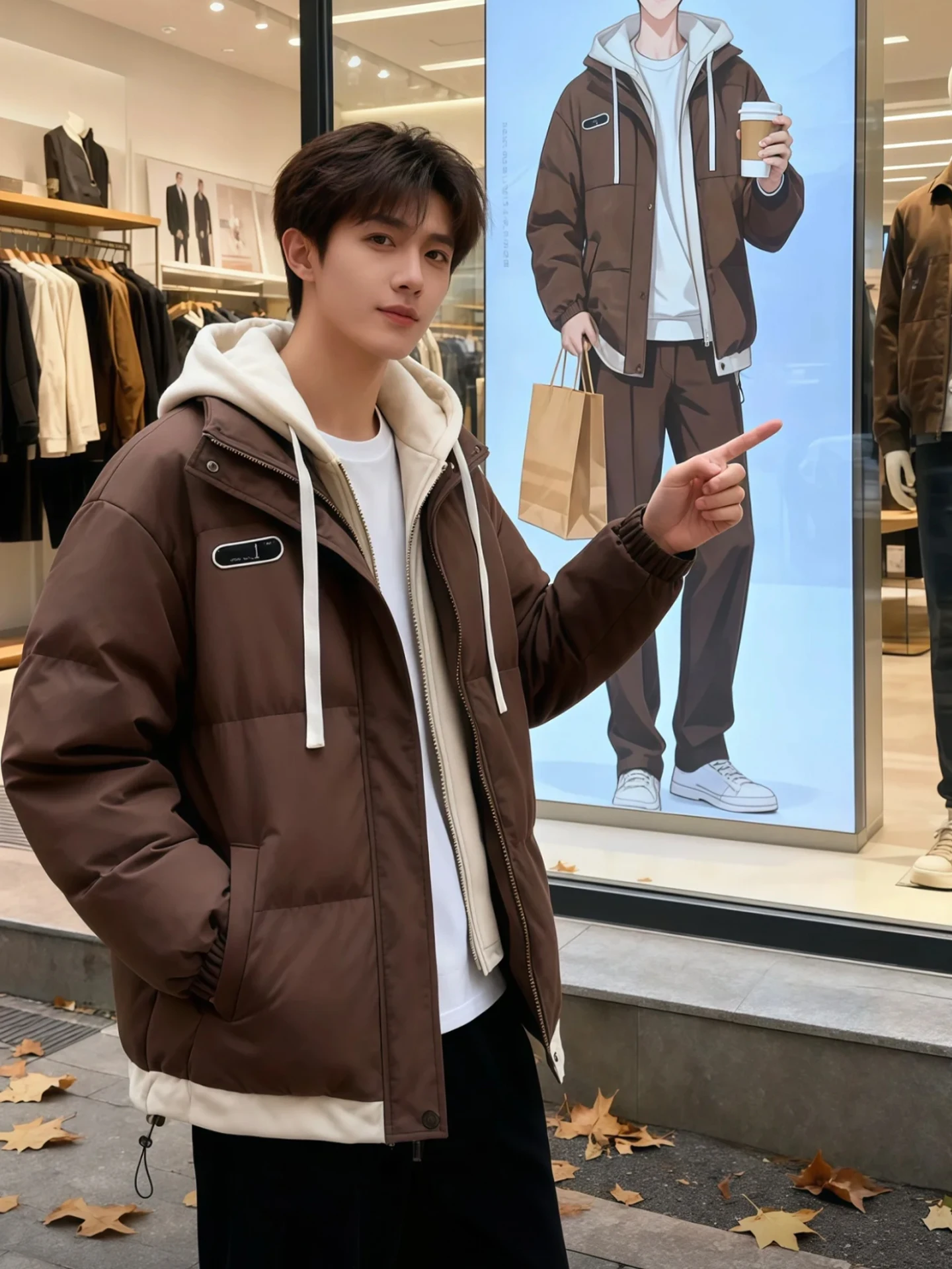 

Caramel Fake Two-Piece Hooded down Cotton Jaet Men's Thiened Warmth Youth American Sle ort Quilted Zipper Coat