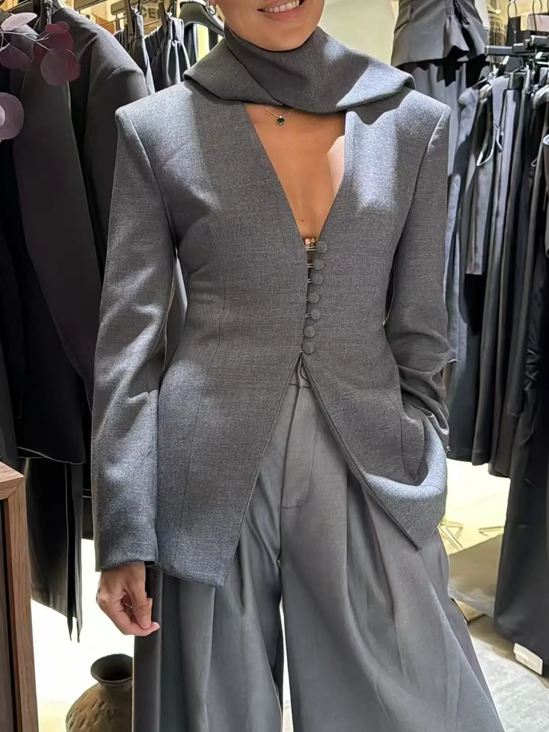 BJTZ المرأة الخريف قطعتين مجموعة السترة شال طوق الخامس الرقبة واحدة الصدر بنطال ذو قصة أرجل واسعة مع جيوب أنيقة قسط عادية