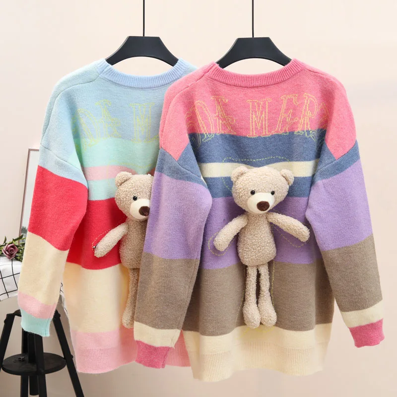 

2023 Sweet Colorful Stripe Knitwear Korean O-Neck Pin Little Bear Sweater Womens Autumn Long Sleeve Outfit Vintage Outerwear Top