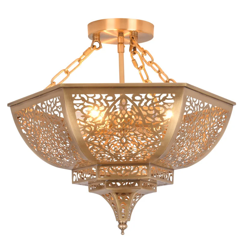 

Hollow carved chandelier American living room bedroom dining room hotel all copper semi-hanging round ceiling lamp
