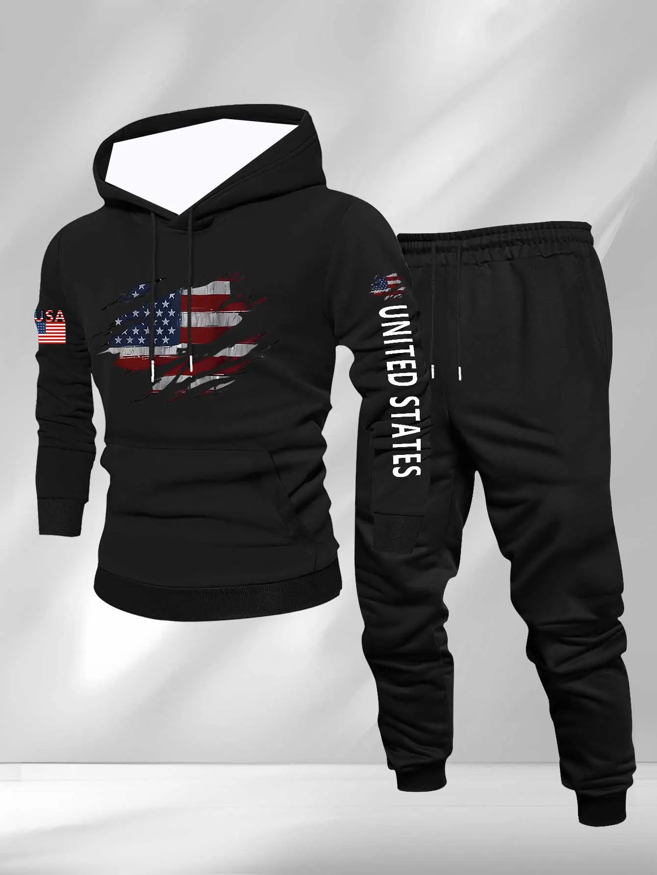 

2025-26, осенне-зимний новый мужской комплект Y2K, толстовка с капюшоном и американским флагом, спортивный комплект большого размера, модный повседневный комплект из двух предметов