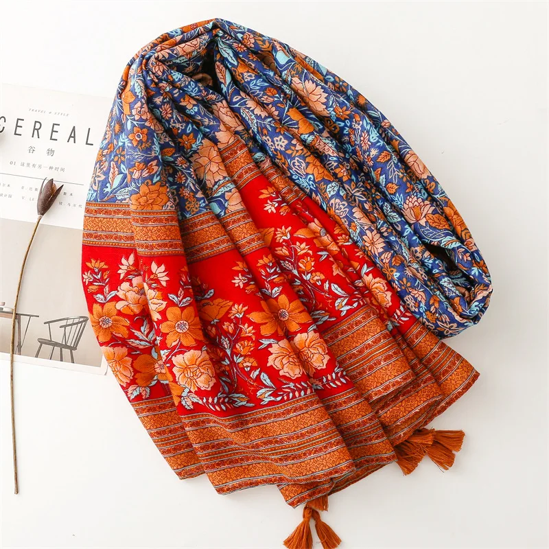 Bufanda de viscosa de marca de lujo, chales con estampado de borlas florales, estilo étnico, indio, Vintage, Pashmina, 2023x90Cm, 180