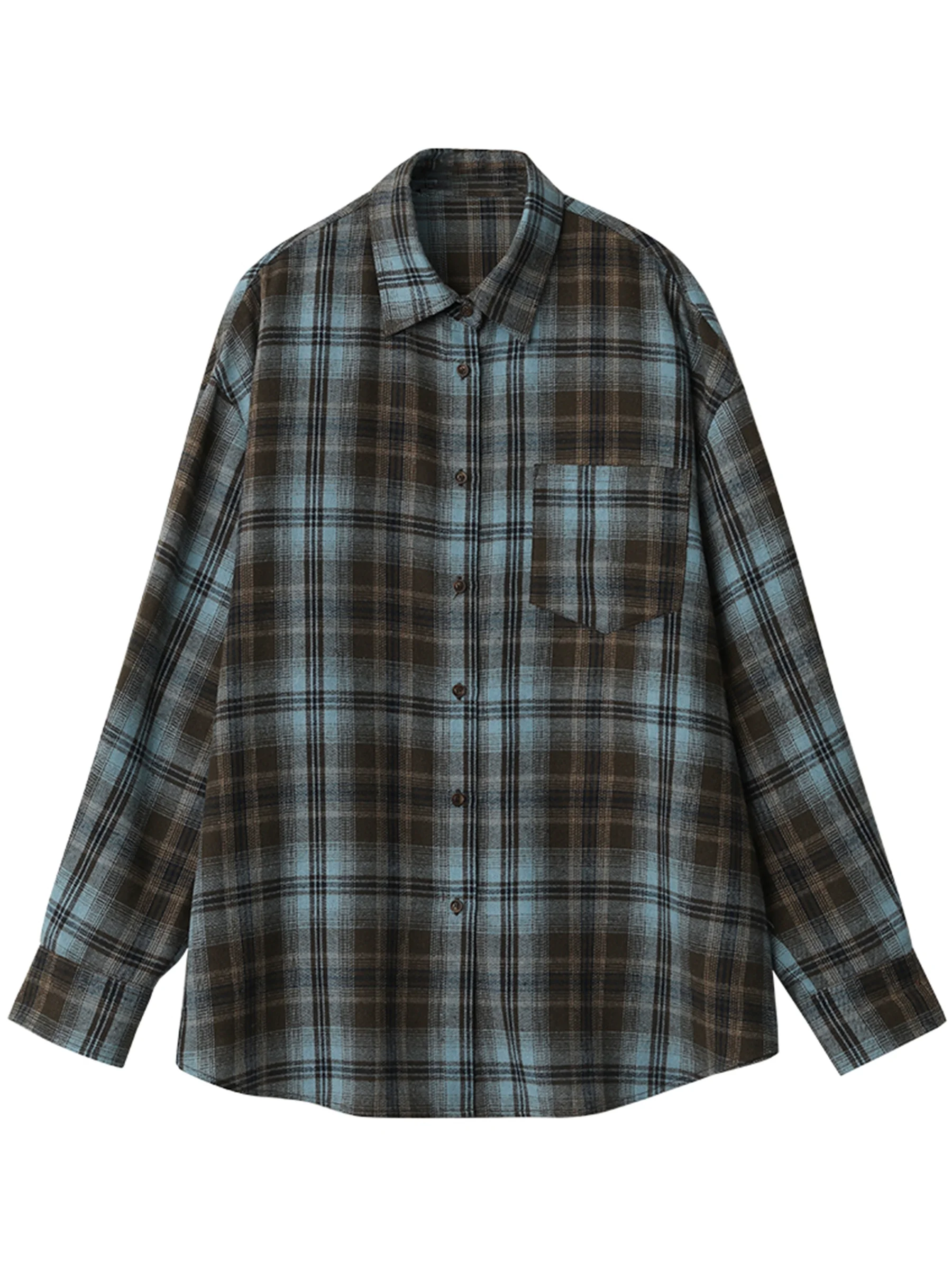 شيك فين المرأة قميص طويل الأكمام فضفاضة عادية نحى منقوشة قميص معطف منتصف طويل طول الإناث البلوزات ربيع الخريف 2025 #5