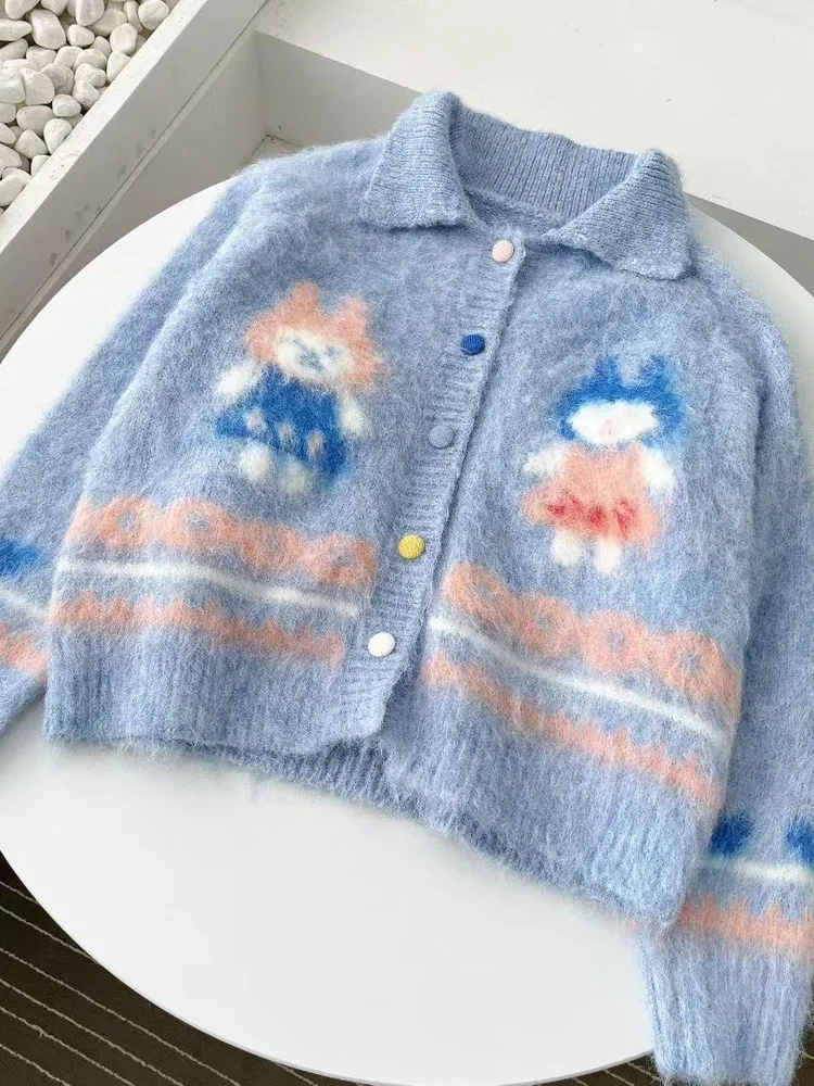 

Ladies Thiened Heavyweight Wool Sweater Coat Collar Button Plaet Warm Fce Feel Alpaca Brued Ice Blue New Autumn