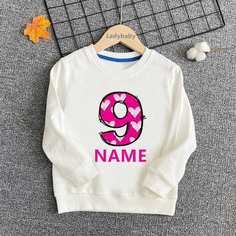 Pink Heart Cute Girls Sweatshirts 1 2 3 4 5 6 7 8 9 Years Birthday Customize Name Kids Hoodies Baby Pullover Tops Clothes Gift