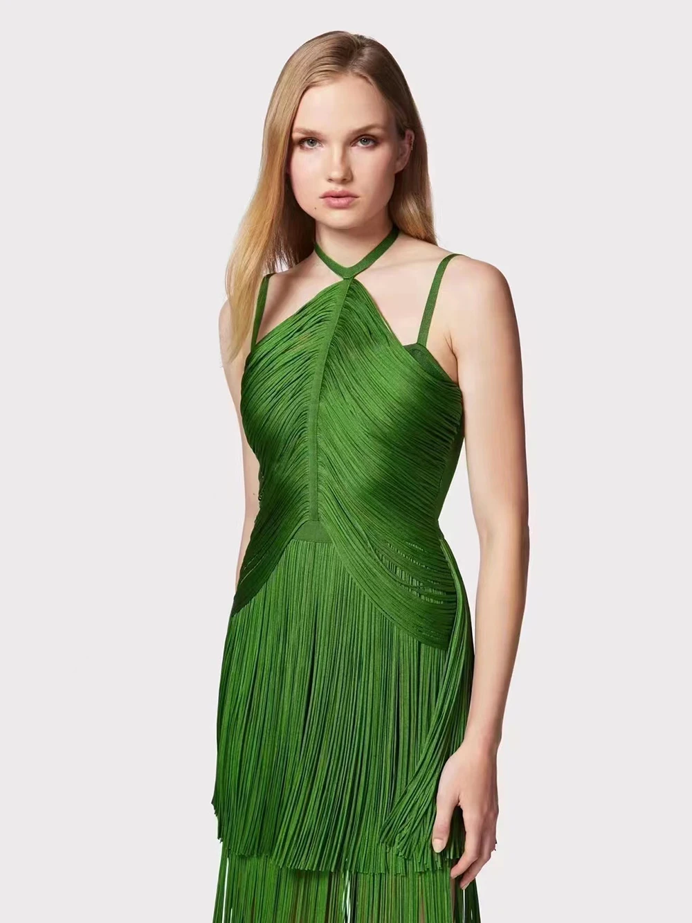 Modphy Sexy Halter Straps Tassel Maxi Long Dress Women Green Sleeveless Backless Bodycon Dress Elegant Evening Prom Party Gowns