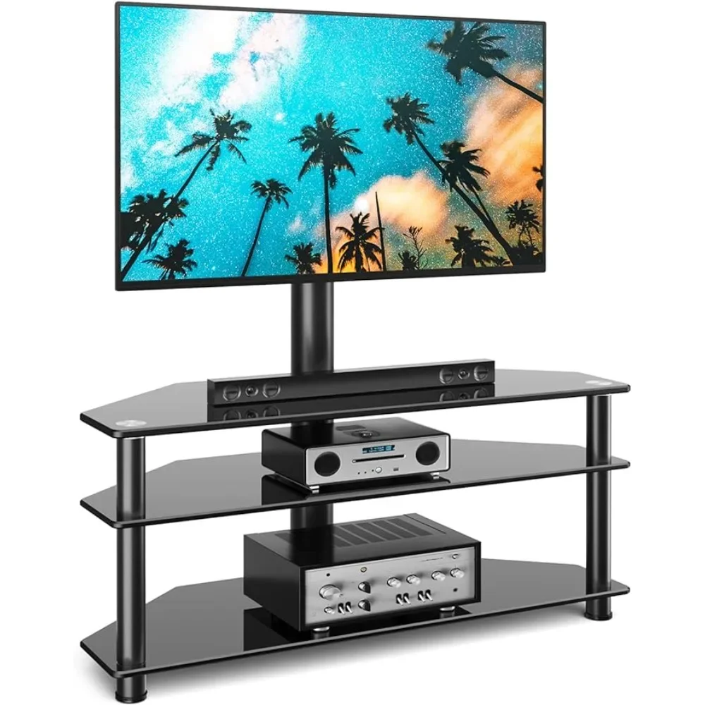 

Swivel Glass TV Stand with Mount for 32-65 Inch Flat or Curved Screen TV up to 110lbs, Height Adjustable