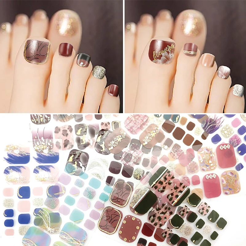 

22 Tips/Sheet Toe Sticker Self-adhesive Toenail Sticker Waterproof Full Wraps Nail Decal 3D Glitter Foil Manicure Decoration