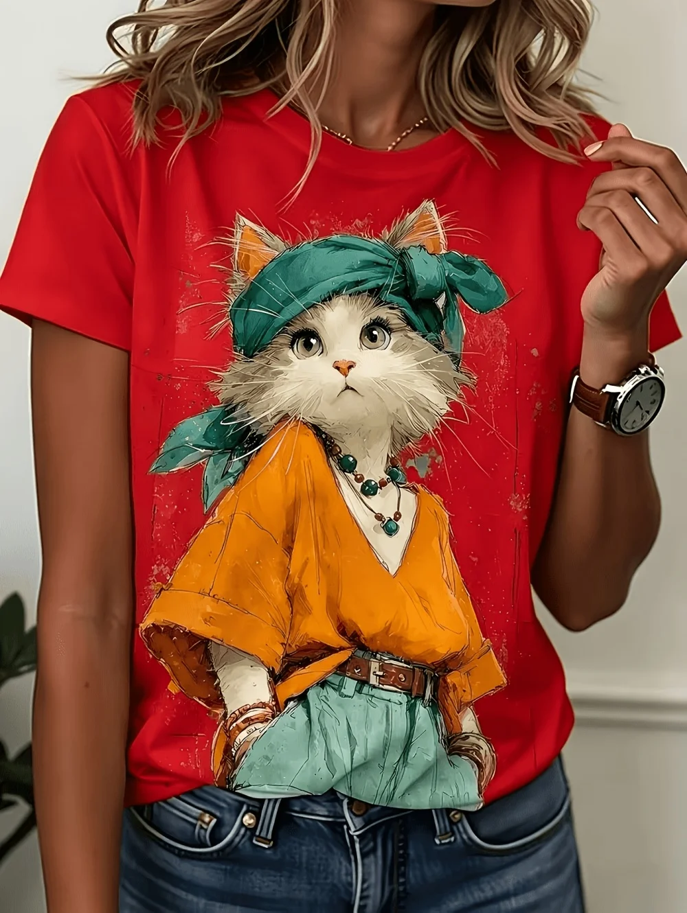 Neues Damen-T-Shirt mit Katzen-Print, modisches Kurzarm-3D-Druck-T-Shirt, Sommer-Streetwear, O-Ausschnitt, lockerer Pullover, Damenbekleidung – Detail 5
