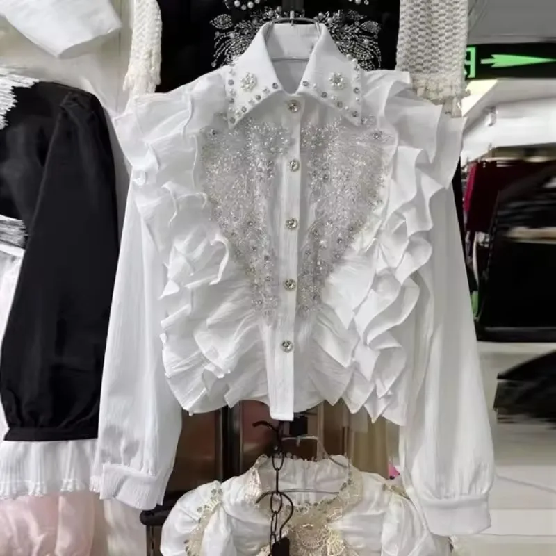 Moda pesada miçangas lantejoulas camisa branca para mulher 2025 nova lapela pescoço blusa preta y2k manga longa babados topos mujer
