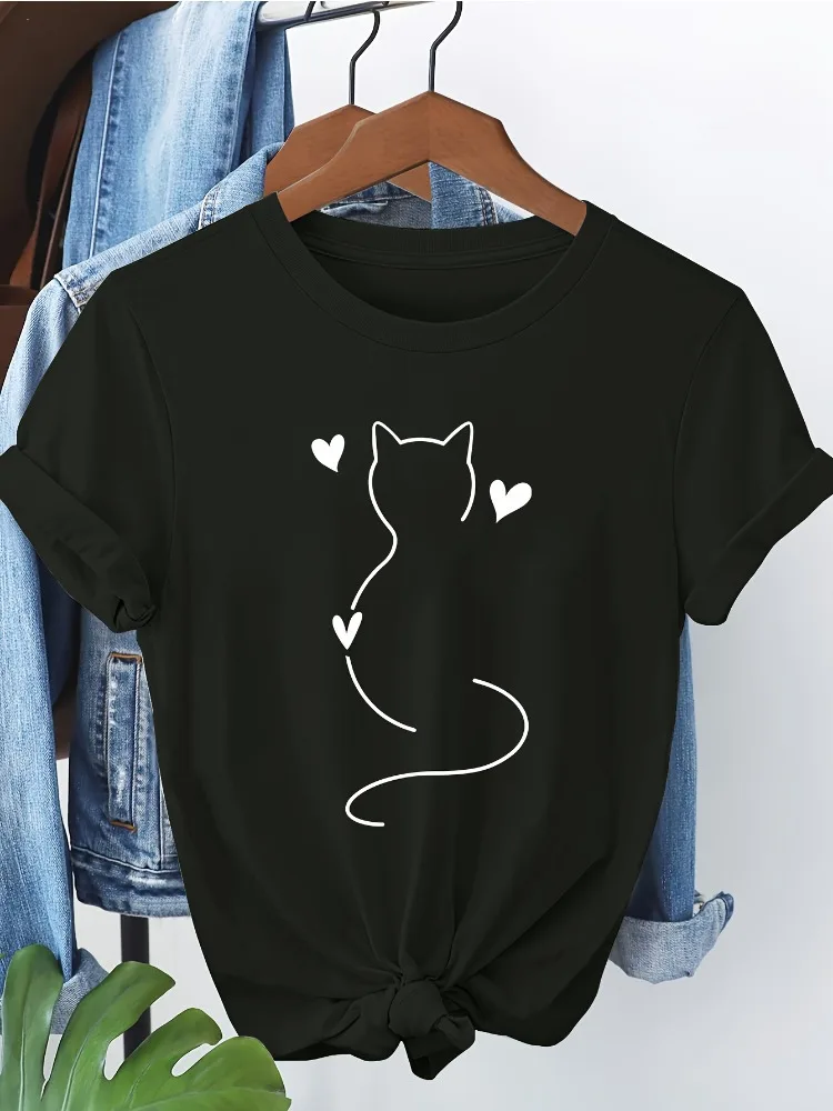 New Animal Series Cat Pattern Printed Cotton Short Sleeve Oversized Women's Fashion Casual T-Shirt 1949 Oversized Harajuku