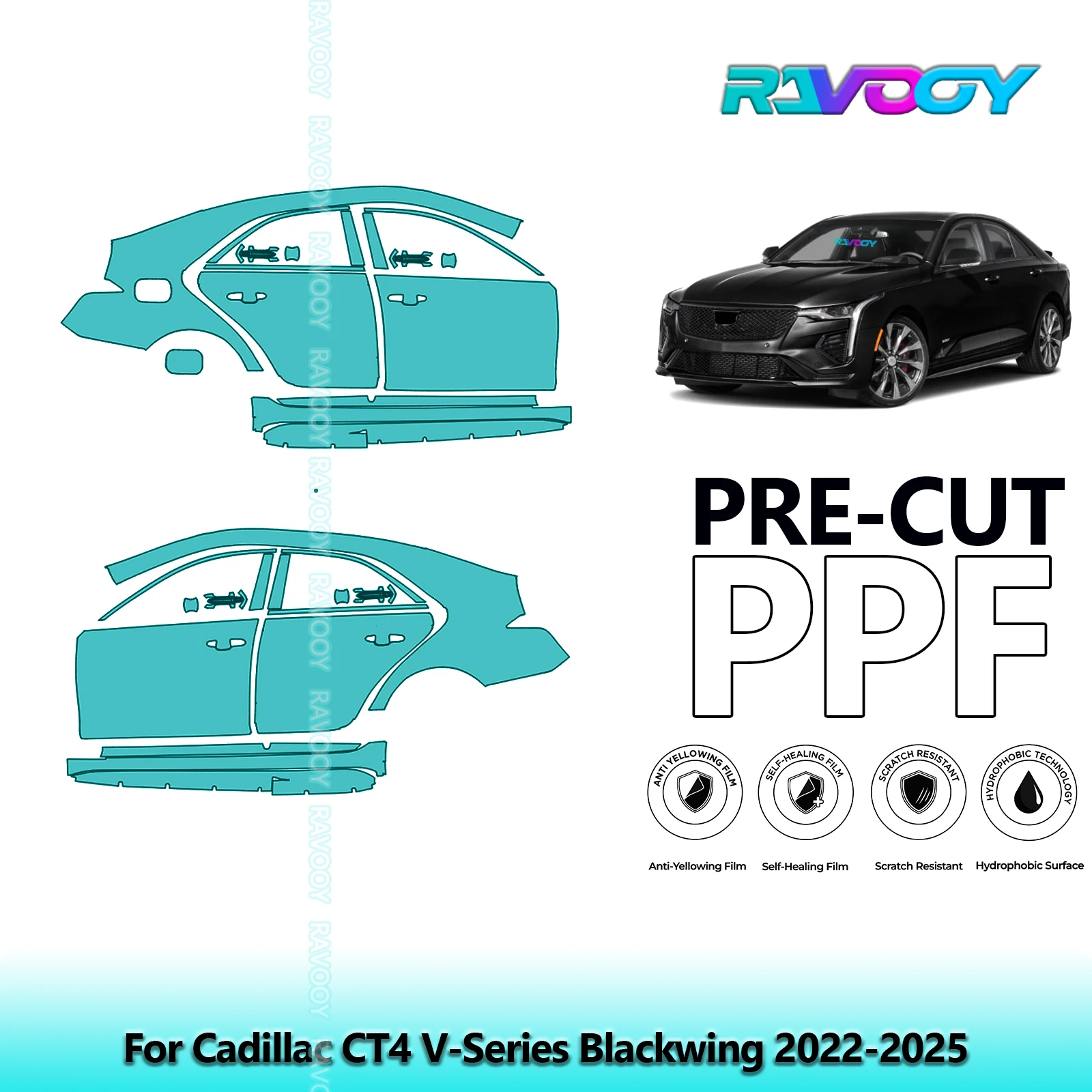 

For Cadillac CT4 V-Series Blackwing 2022-2025 8.5mil Clear Matte Pre-Cut PPF Door & A/B Pillar Kit TPU Paint Protection Film Set