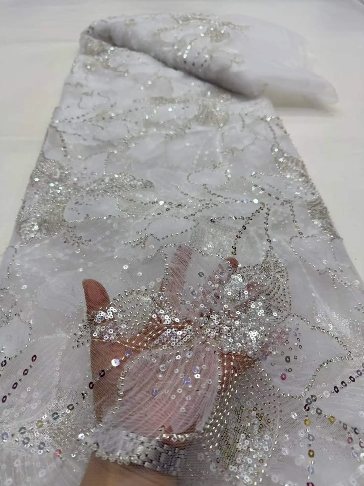 

Luxury African Fabric Lace High Quality 2026 Beads Lace Fabric With Sequence Nigeria Embroidery Lace For Wedding Party Dress