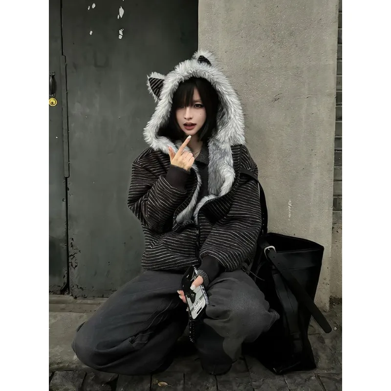 Vintage Beige Striped Long-sleeved Cat Ears Hooded Fur Collar Cotton Jacket Women's Autumn Winter Versatile Jacket Velvet Warm