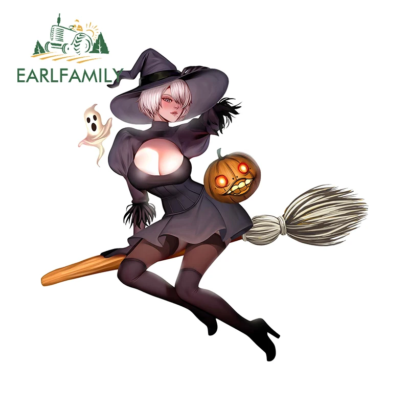 

EARLFAMILY 13cm x 12.4cm Witch 2B Halloween Car Sticker Ghost Festiva Anime DIY Windows Decal Creative Computer Host Decoration