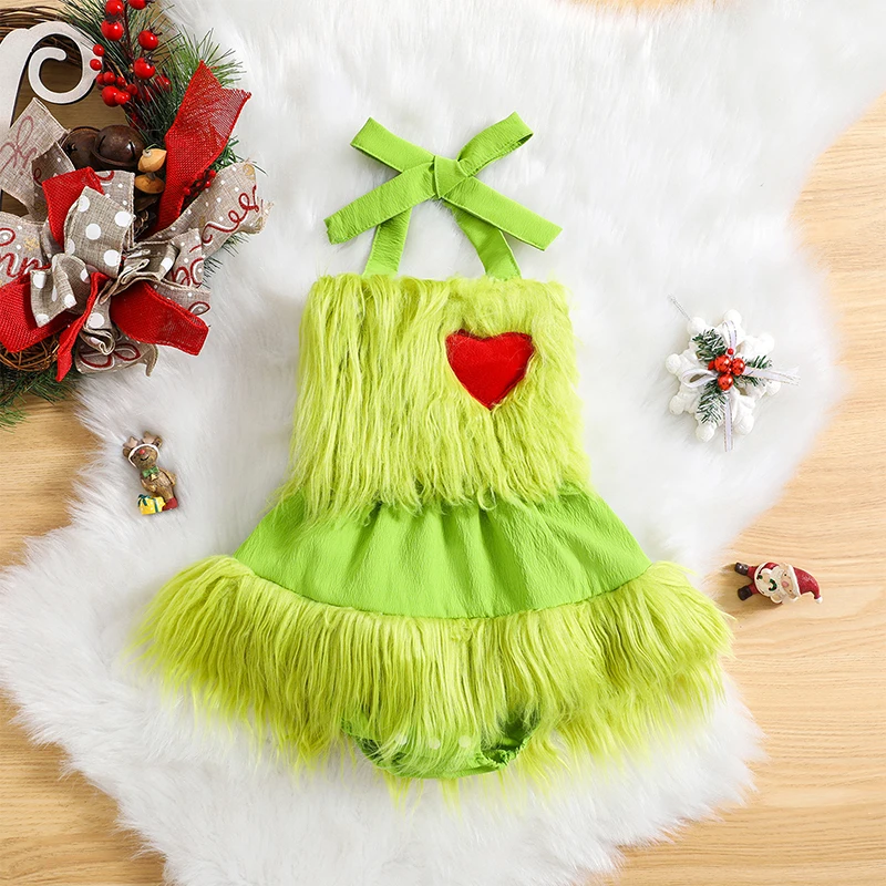 Baby Girl Christmas Bodysuit Sleeveless Halter Neck Velvet Romper Dress Playsuit Furry Xmas Costume Cosplay Photography Clothes