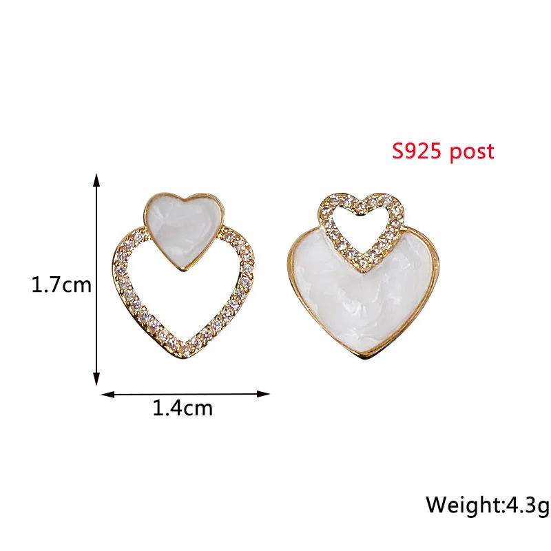 Korean Asymmetrical Heart Earrings for Women Shiny Crystal Beige Enamel Hollow Love Girls Unusual Earrings Bohemian Ear Jewelry