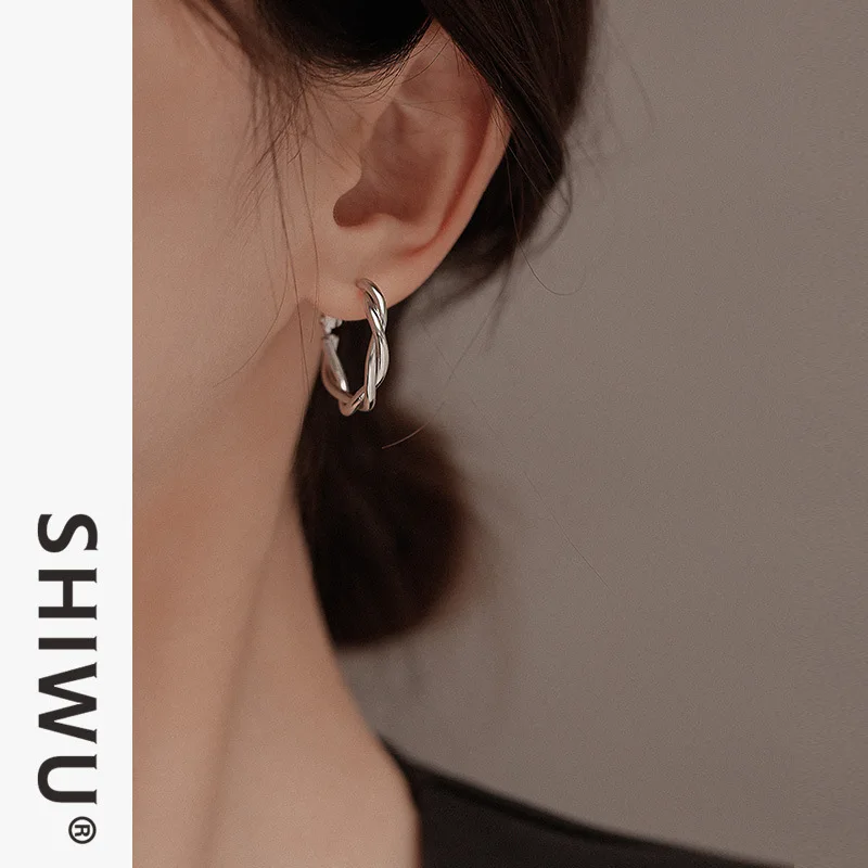 Hoop Earrings Wire Twisted Silver Post Oversized Plain Minimalist Unique Chic Modern Daily Jewelry for Women