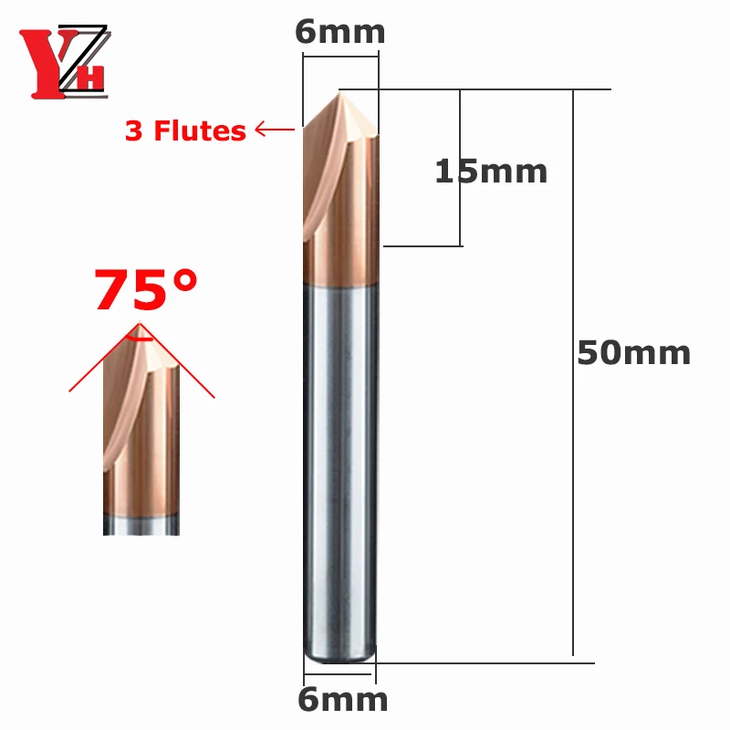 

Customized Carbide Chamfer Milling Cutter 75 Degree HRC55 Countersink Chamfering Mill V Groove For Steel / Aluminum 2 3 Flutes