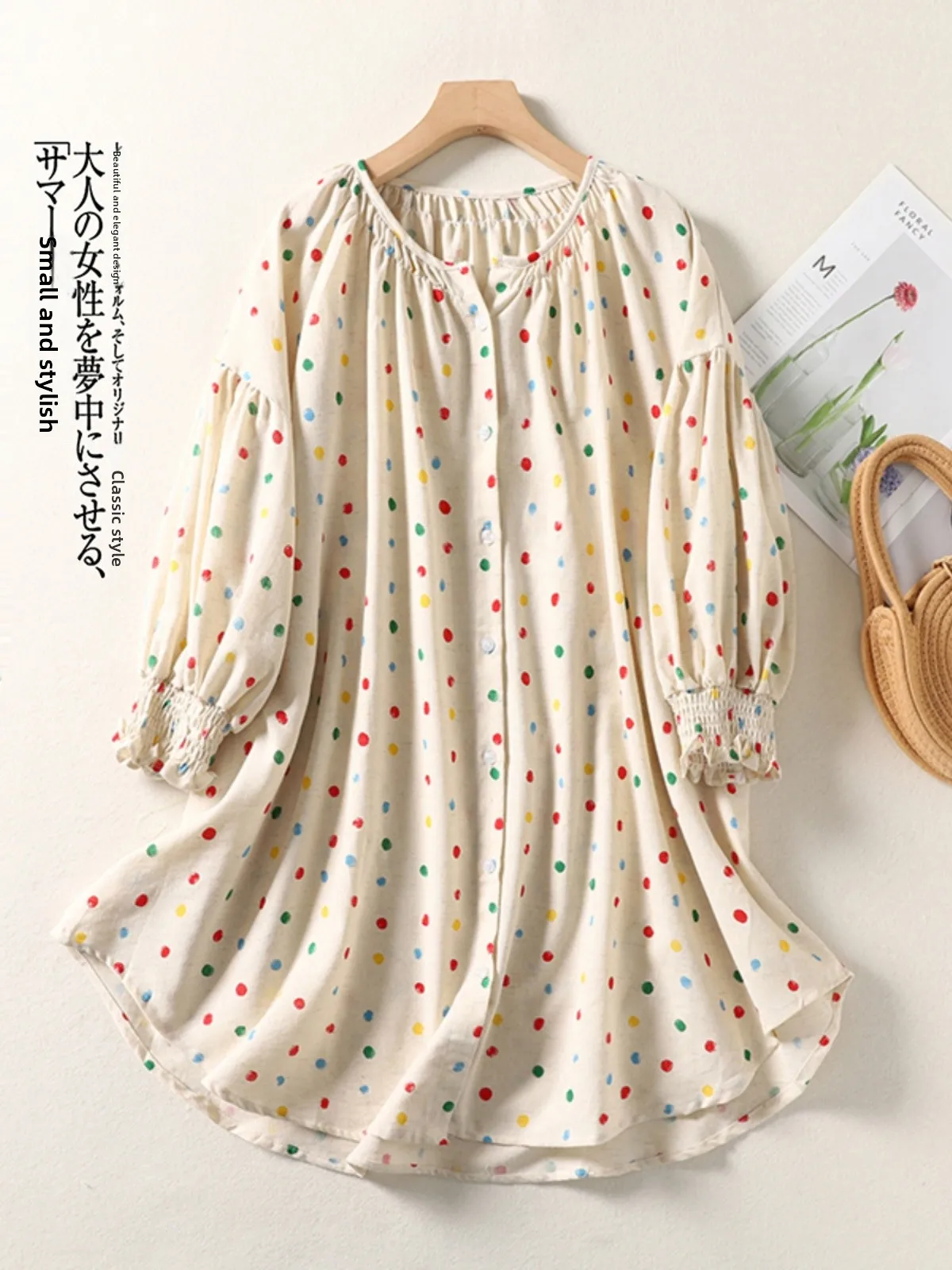 

Японский Sle в горошек, хлопок и лен, женский свободный ленивый Sle, средней длины, милый, круглый, на пуговицах, Cl...