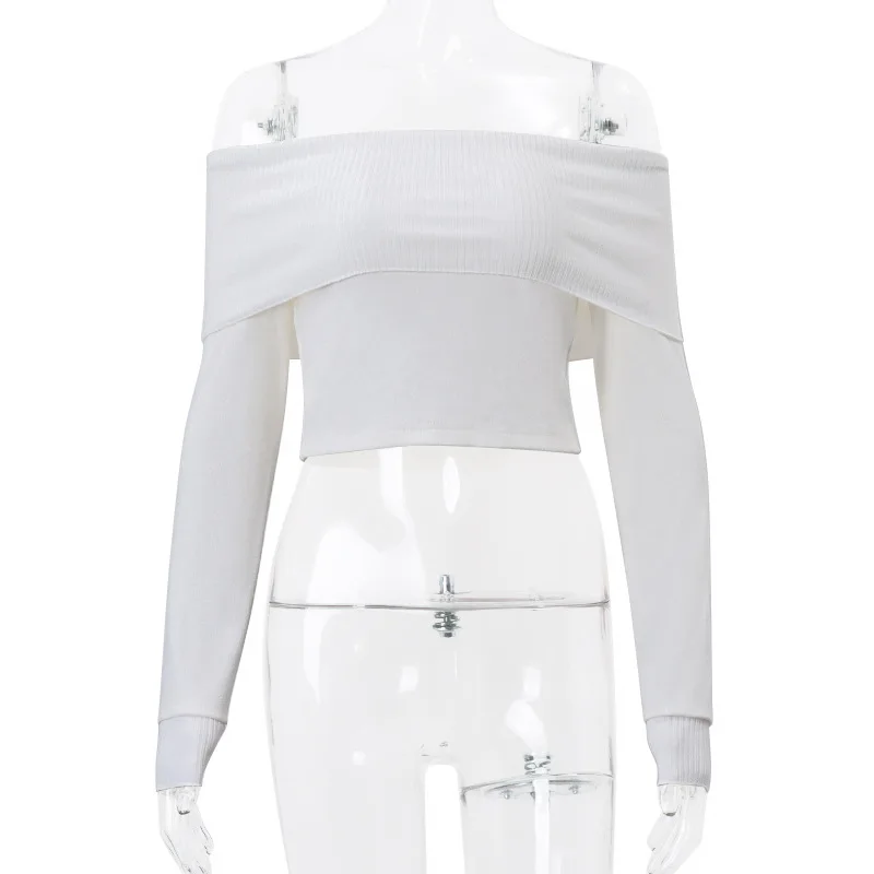 Off Shoulder White Sweater Women Ribbed Knitted Long Sleeve Crop Top Fashion Slash Neck Pullover Sweater Jumper