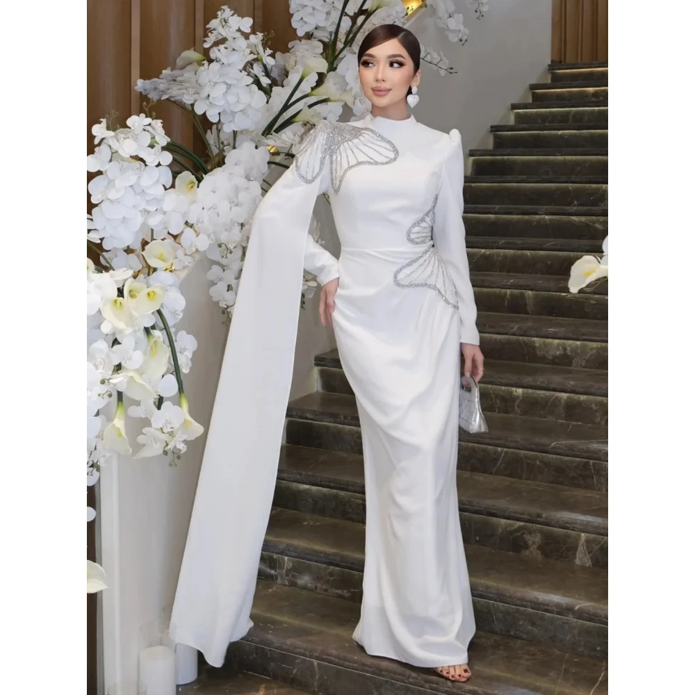

Wedding Party Dress for Woman High Neck Long Sleeve Pleated Beadings Floor Length Straight Evening Dress Customized
