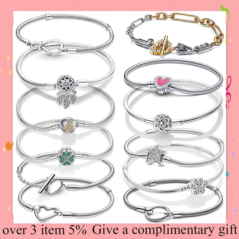 2022 מכירה לוהטת אופנה נשים צמיד 925 כסף רגע לב סגירת נחש שרשרת Fit נשים מותג קסמי מתנות תכשיטי ביצוע