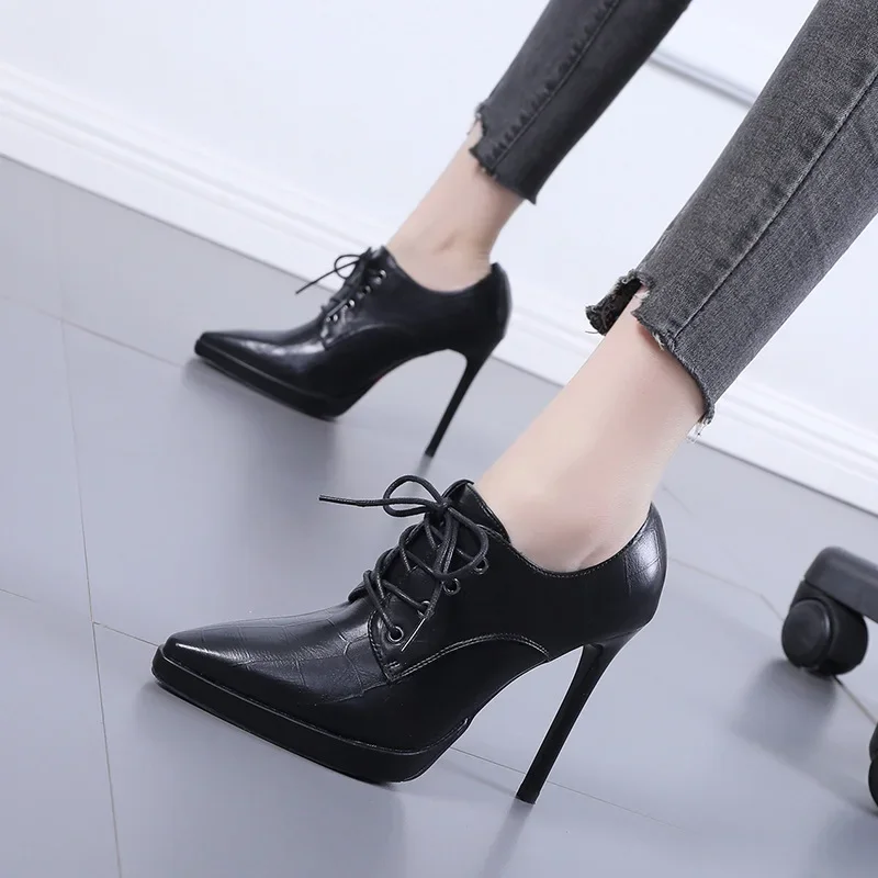 Korean Style Women Boots PU 10CM Thin High Heels Pointed Toe Lace-up Street Style British Style Cross-tied Party Womens Shoes