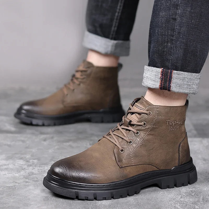 

Fashion Men's Casual Leather Walking Boots Design High Top Outdoor Shoes New Men Motorcycle Boots All-match Comfy Ankle Boots