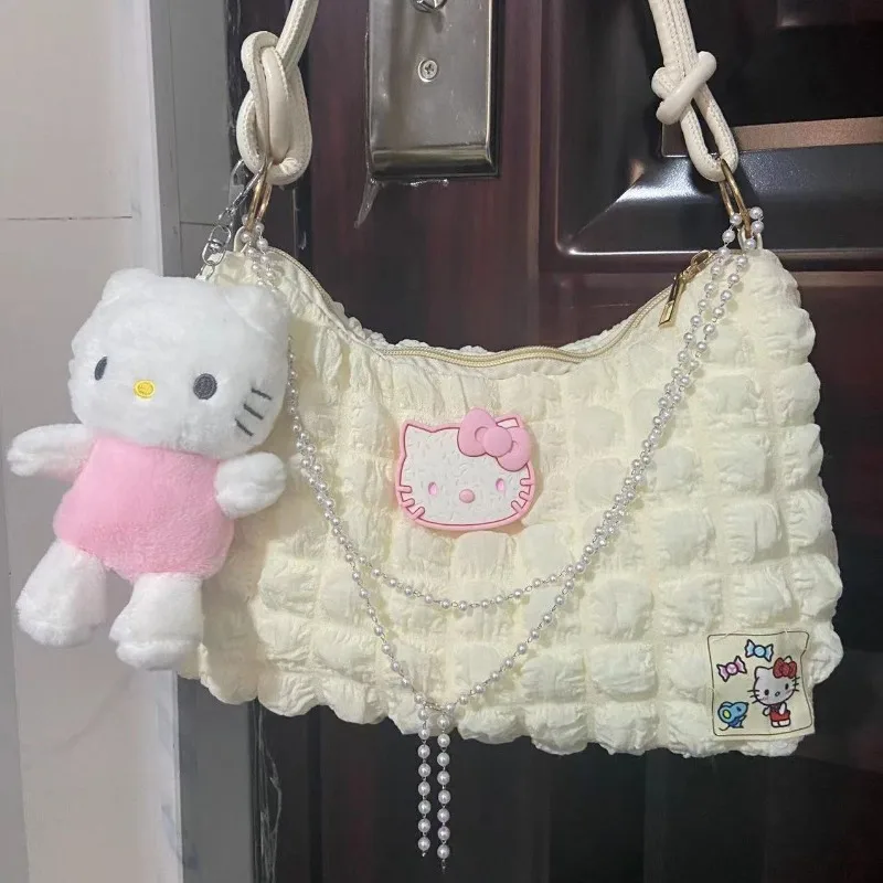 Sanrio Original New Hello Kitty borsa a tracolla a contrasto catena di perle giapponesi borse portatili moda versatili borse ascellari