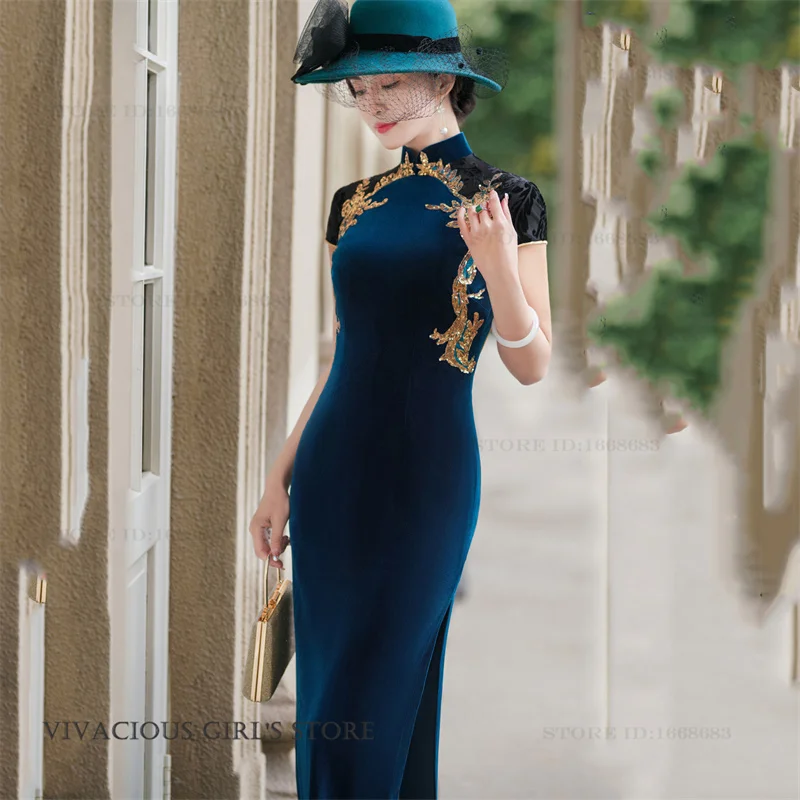 

Velvet Female Long Cheongsam Elegant Traditional Chinese Clothing Sesxy Slim Qipao Classic Chinese Dress Performance Costume