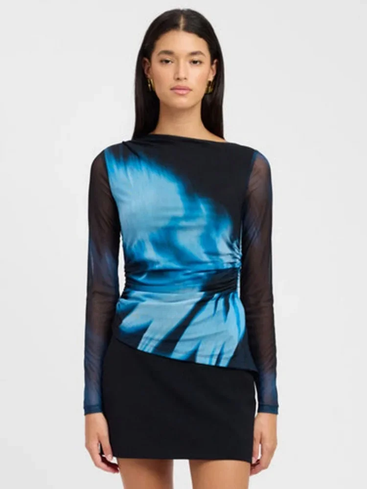 Print T Shirts For Women Mesh Long Sleeve Aesthetic Clothes Asymmetrical Y2k Tops Black Camisetas Slim Ropa De Mujer Streetwear