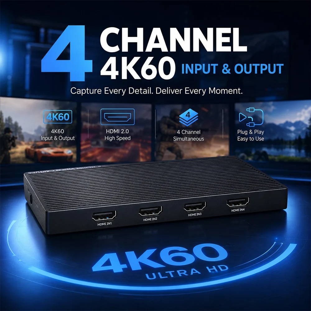 4 in 1 Out HDMI Video Capture Card 4K60 USB3.0 Game Capture Card for Multi-Camera Production