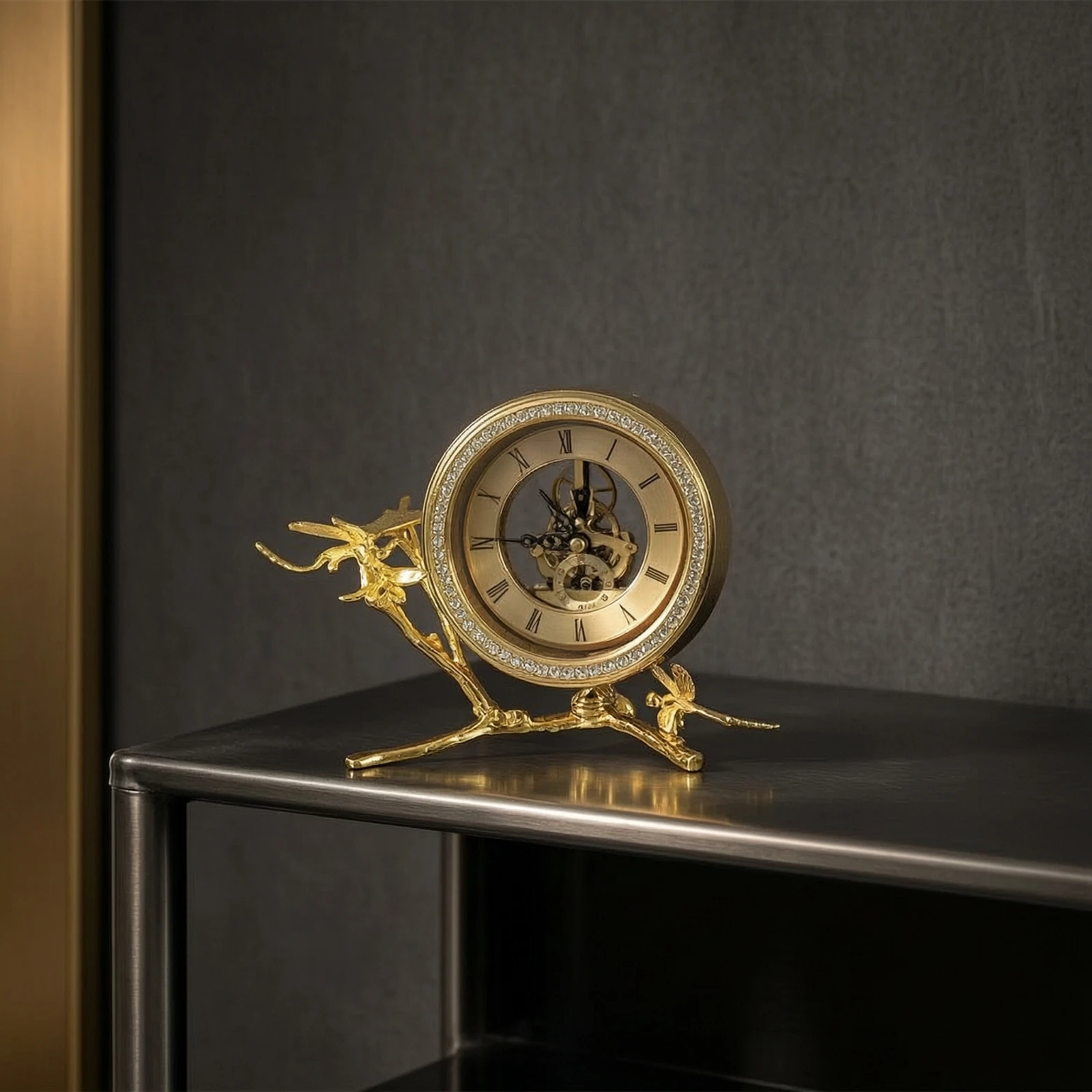 Decorative Clock Gold Finish Clock with Roman Numerals Ornate Metallized for Desk, Nightstand