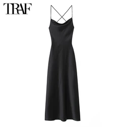 TRAF Black Halter Slip Dress Woman Satin Backless Midi Dresses for Women Sexy Party Summer Dress Woman 2024 Beach Female Dress