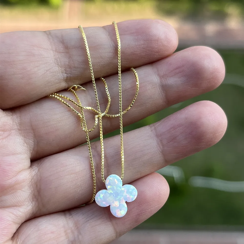 1pc Free Shipping 2024 New Style Synthetic Opal 12mm White Four Leaf Clover Shape With 925 Sterling Silver Necklace For Gift