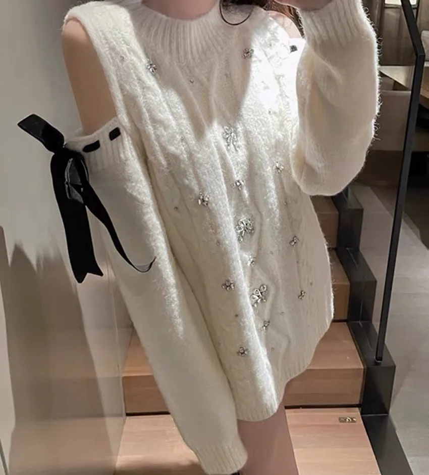 Fashion Sweet Girl Offf Shoulder Lace Up Bow Sweaters Autumn Winter Diamonds Knitted Thick Warm Loose White Pullovers For Women