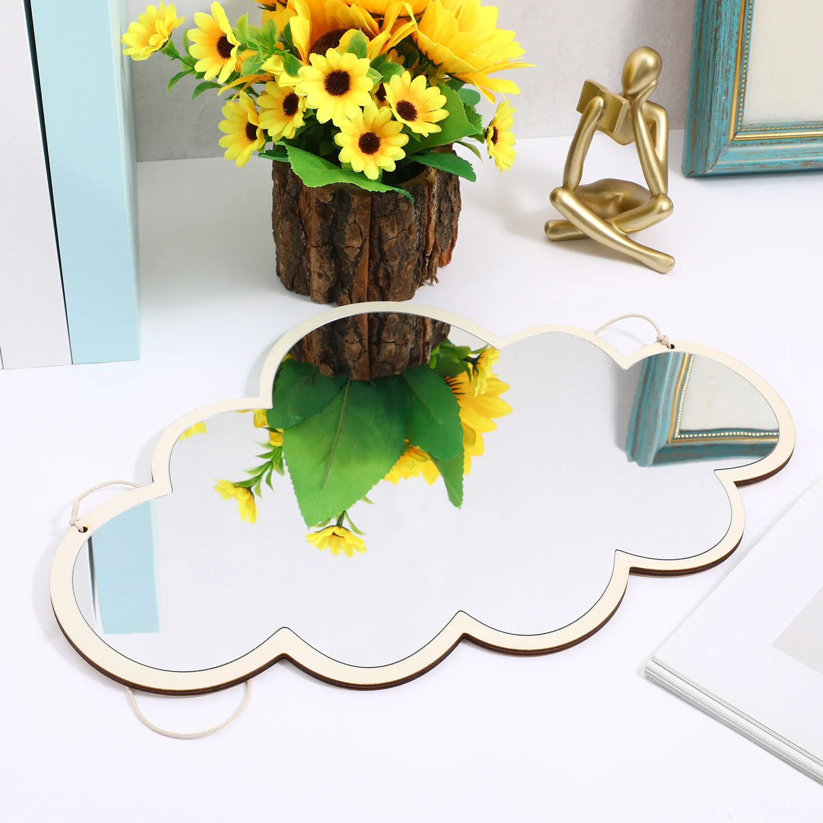 1個入り-木製アクリル雲形ミラー-自己粘着式安全ミラー-寝室-リビングルーム-壁飾り