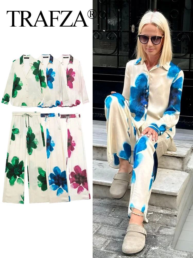 TRAFZA Elegant Pant Set Floral Print Lapel Blouses Long Sleeve Loose Shirt Top Female Casual Drawstring High Waist Wide Leg Pant