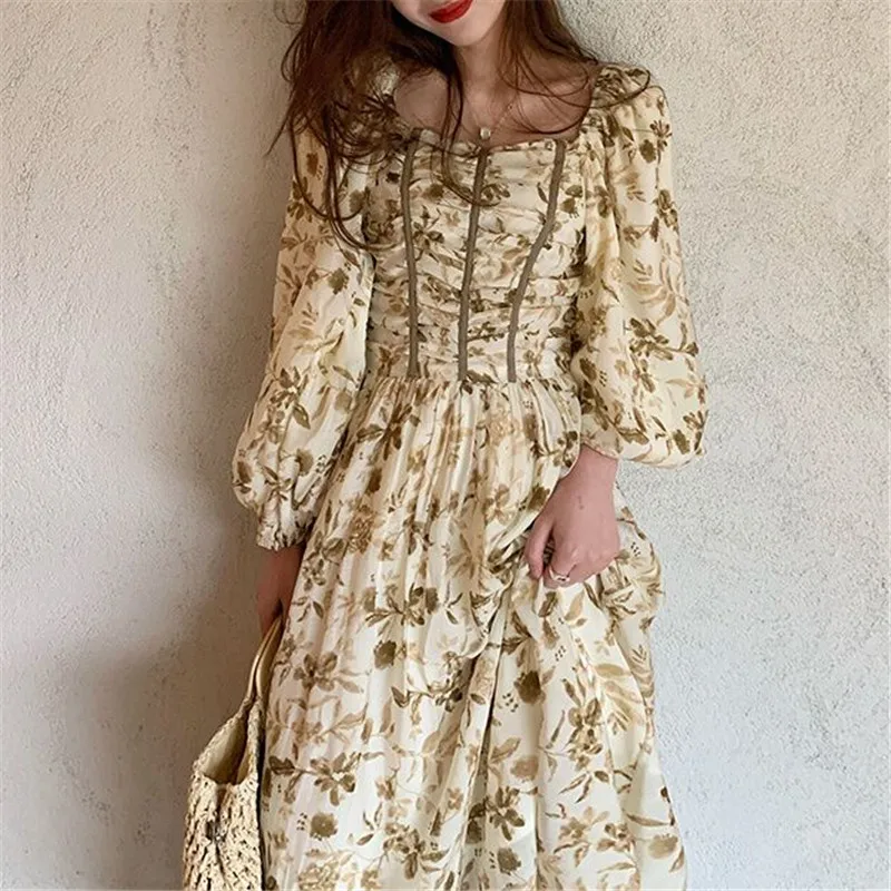 

Women Dress Long Sleeve Floral Midi Dress A-Line High Waist Beach Boho Dress Spring Autumn Summer Vestidos